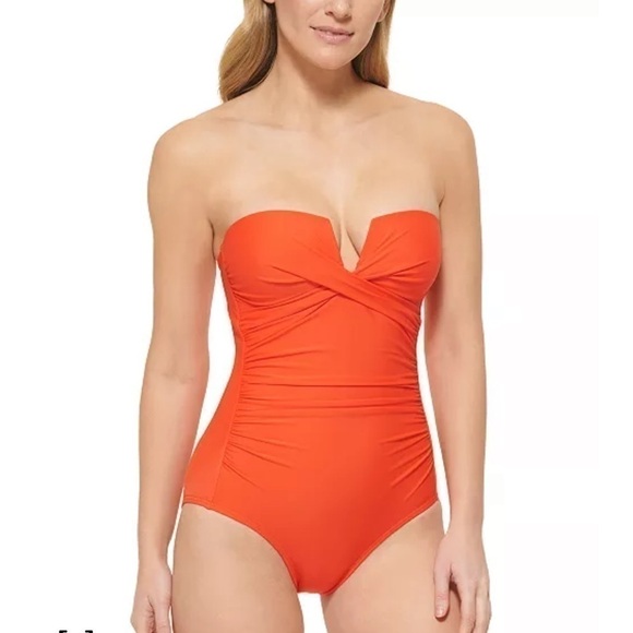 CALVIN KLEIN Women's Split-Neck Bandeau Removable-Strap Tummy-Control  Swimsuit - Picture 10 of 13